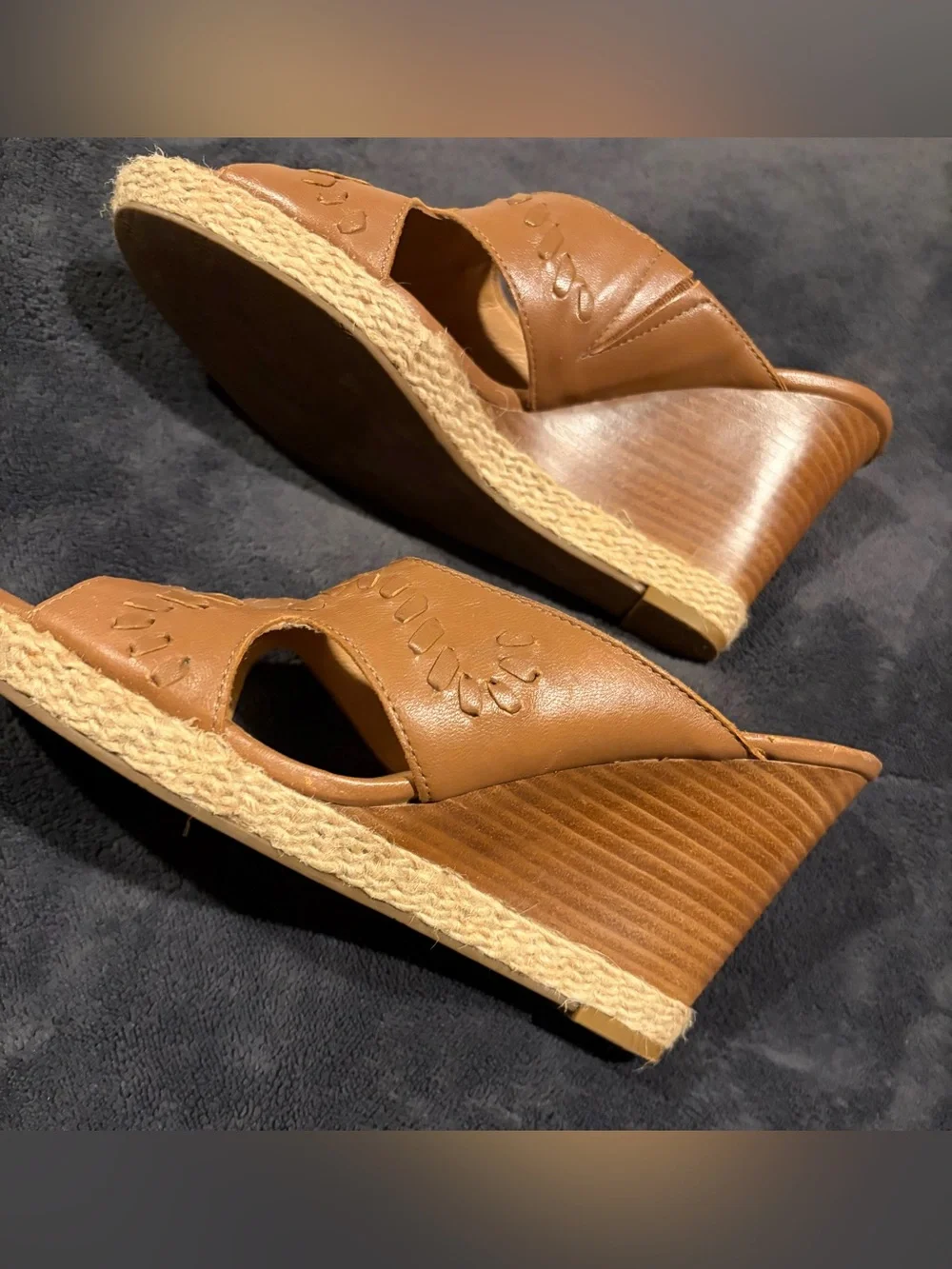 Jack Rogers Espadrille Tan Leather Cutout Slide Wedges - Size 8